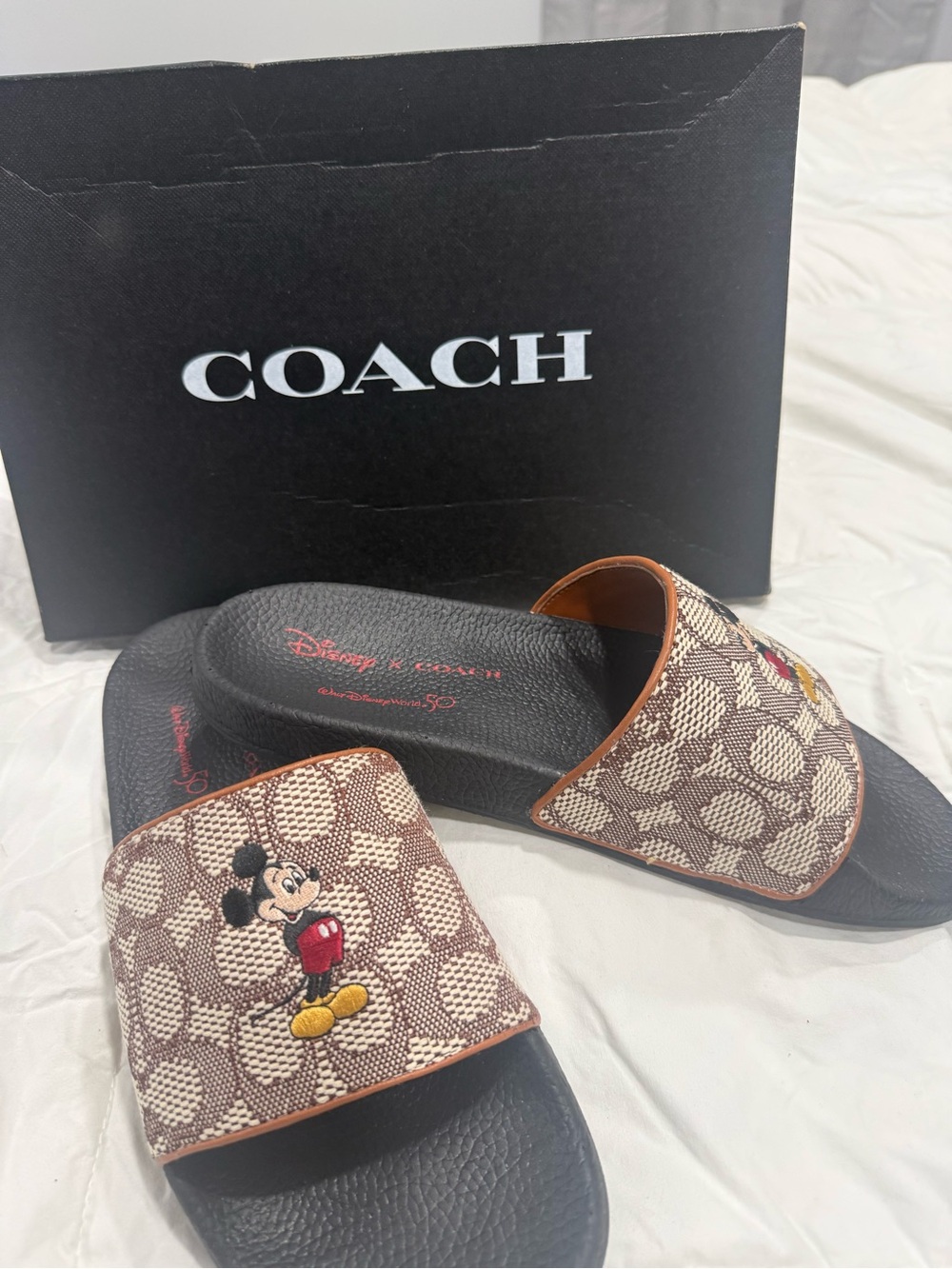 Coach Brown Signature Mickey Embroidered Slide Sandals